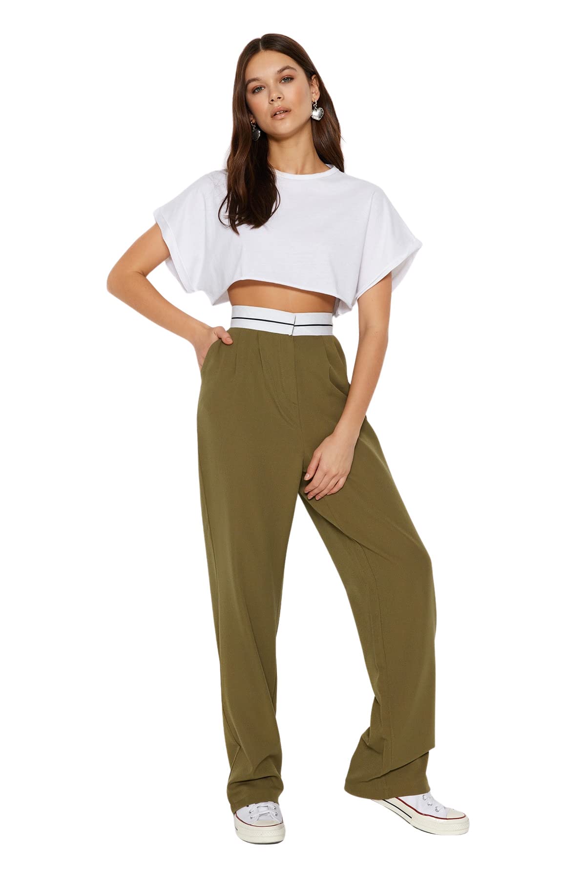 Trendyol Woman Normal Waist Straight Leg Trousers,Khaki,36