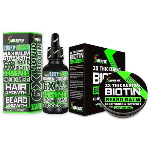 Image of Beard Growth Kit w / 2X Thickening Biotin Beard Balm Care & Beard Conditioner + 6X Liquid Biotin with Collagen Peptides for Beard & Hair Growth