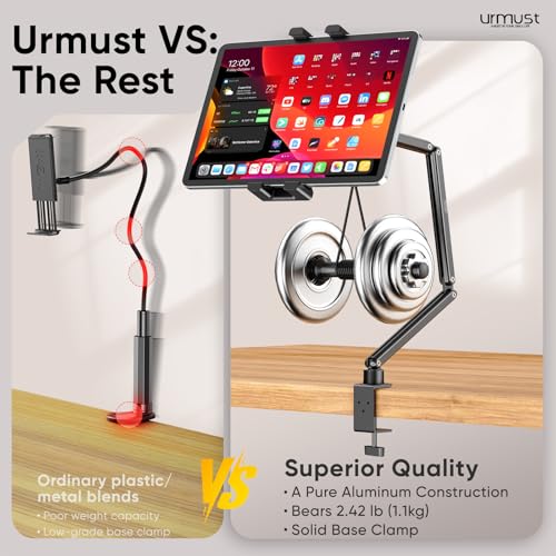 Urmust Tablet Halterung Höhenverstellbarer Aluminium Tablet Armhalterung mit 360° drehbarer Metallbasis, iPad Halterung Tisch kompatibel mit iPad Galaxy Tab Kindle & Monitor Halterung von 4.7\ - 15.6\