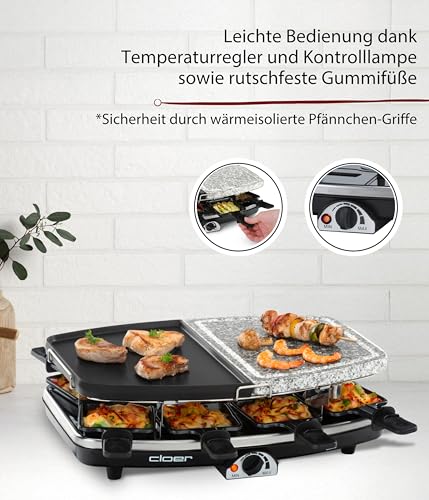 Foto von Cloer 6435 Raclette mit Naturstein, 1200 W, 8 antihaftbeschichtete Raclettepfännchen, Geteilte Platte