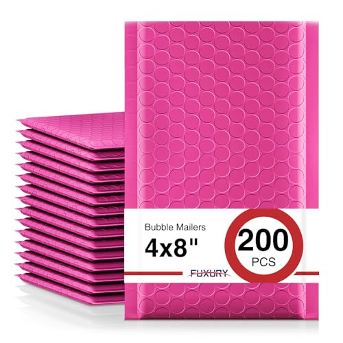 Image of Fuxury Pink Bubble Mailers 4x8 inch 200 Pack Small Self-Seal Padded Envelopes | 4x7 usable size,#000 waterproof tear resistant envelopes,cushioned protection for jewelry,trading cards,small business