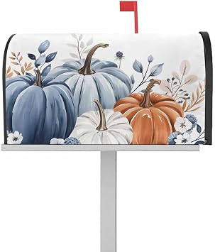 Fall Blue Pumpkin Mailbox Covers Magnetic Standard Size 21x25.5 inch Blue Orange White Eucalyptus Leaves Watercolor Fall Decorative Mail Box Wraps Autumn Post Letter Box Cover for Garden Yard Decor