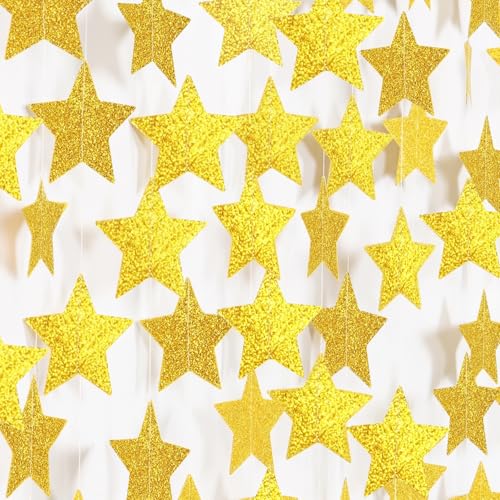 Image of Gold Glitter Star Garland Banner Streamers - 2.76 Inch 52 FT 4 Strands Paper - Golden Garland for Graduation Birthday Baby Shower Christmas Party Decorations