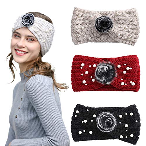 AWAYTR Elastic Knitted Pearl Turban Headband-3 Pcs Woobies Head Wrap Simple Adjust Hair Band for Women Girls (Beige+Wine red+Black)