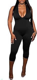 Aceilika Women Sexy Deep V Neck Sleeveless Backless Bodycon Capri Jumpsuit Halter Party Club Rompers One Piece Outfits
