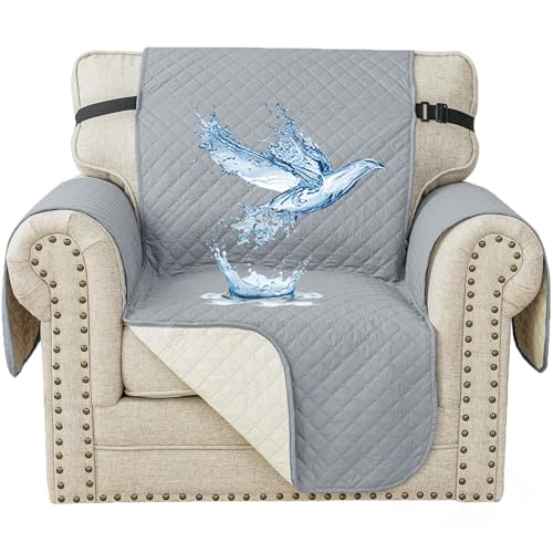 YSTELLAA Impermeable Funda Cubre Sofa 1 Plaza, Funda Sillon Antiarañazos, Antideslizante, con Bolsillos Lateral, Anti Gatos Arañazo Y Perros Mascotas, Antimanchas Lavables, Gris Claro