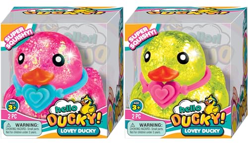JA-RU Hello Ducky Lovey Duck (2 Ducks Yellow/Pink) Super Squishy Glitter Stress Relief Toy with Heart Necklace, Sensory Fidget Squeeze Toy for Kids, Party Favor Gift | 4916-2A