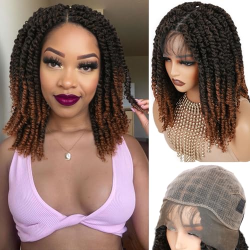 Fancy Hair Full Lace Short Passion Twist Wig with Baby Hair Lace Front Knotless Braided Twist Wig for Black Women (Ombre Brown)