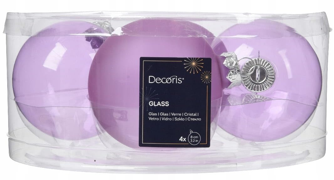 Decoris Lilac Breeze Set of 4 Christmas Ornaments, 3.15" Glass Balls, Soft Lilac Colors, 2 Transparent and 2 Matte, Holiday Tree Decorations
