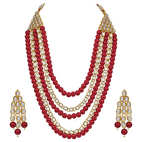 Juego de collar de perlas Kundan y pendientes largos rojos para mujer Aheli