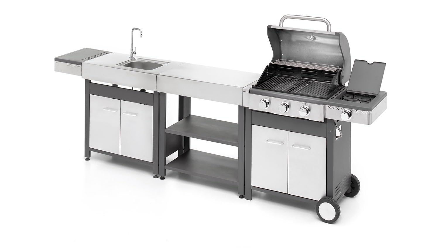 Barbecue à gaz professionnel de jardin en acier inoxydable avec cuisinière latérale, thermomètre, grille en fonte émaillée, chariot avec armoire (3 brûleurs (P 58 x L 126 cm x H115,5 cm))