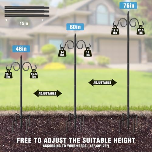 Image of Double Shepherds Hooks for Outdoor, 76 Inch Heavy Duty Bird Feeder Pole with 5 Prongs Base, Adjustable Shepherds Hook for Bird Feeder, Garden, Weddings, Hanging Plant, 2 Pack