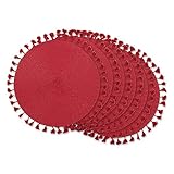 DII Woven Placemat Collection Round, 14.75' Diameter, Hot Red Tassel, 6 Piece