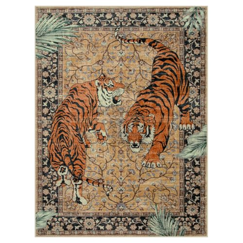 Moynesa Tiger 9x12 Rug, Boho Washable 9 x 12 Area Rugs for Living Room, Vintage Soft Large Dining Room Rug, Non Slip Ultra Thin Floor Carpet for Bedroom Guest Room Office, Camel