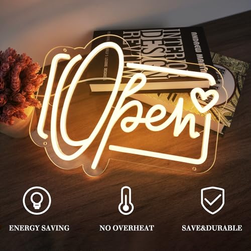 Image of Open Neon Sign, Neon Signs Lights for Wall Decor Store, Perfect Gifts for business owners, Dimmable Neon Light 13.3 * 10.3 in
