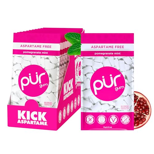 Image of PUR Gum | Aspartame Free Chewing Gum | 100% Xylitol | Natural Pomegranate Mint Flavored Gum, 55 Pieces (Pack of 12)