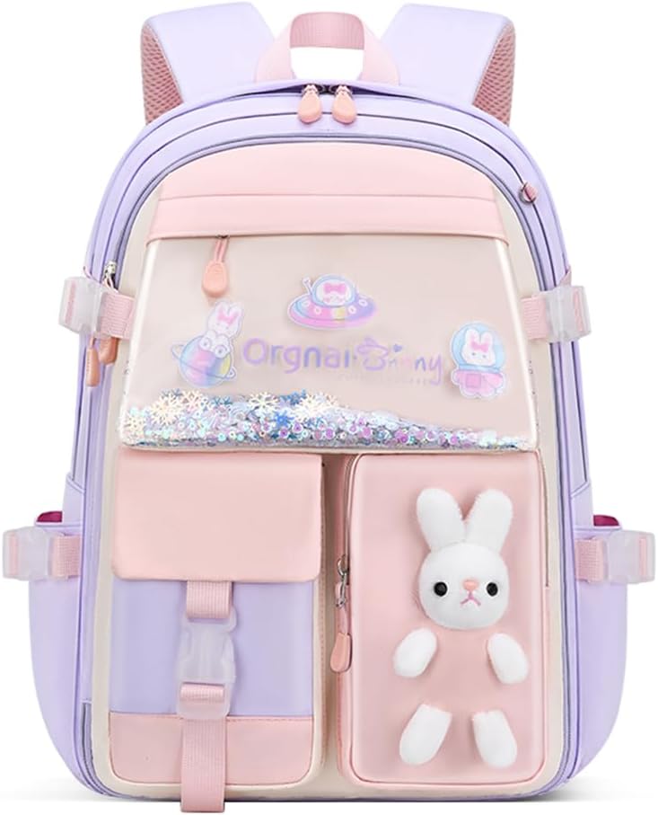 Kawaii Bunny Primary Girls Backpacks Elementary School Bags Bookbags with Refrigerator Front Pocket, Purple-Large