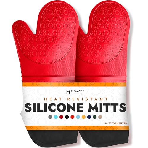 HOMWE Extra Long Professional Silicone Oven Mitt, Oven Mitts with Quilted Liner, Heat Resistant Pot Holders, Flexible Oven Gloves, Red, 1 Pair, 14.7 Inch