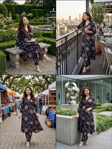 Image of Leriya Fashion Women's Cotton Printed A-Line Kurti Pant Set | Abstract Leaf & Floral Kurta with Trouser Pant | Casual Ethnic Co-ord Set for Women Stylish | Elegant Anarkali Style Tunic Kurta Set