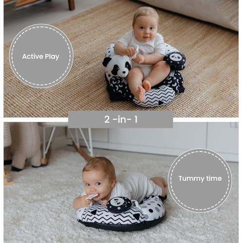 Image of Aila+Aiden 2-in-1 Tummy Time Mat and Seated Support with Two Toys - for Newborns and Babies - Includes Detachable Cushion for Supervised Play & Head /Neck Development (Black /White)
