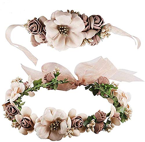 Preisvergleich Produktbild Blumenkranz Haare und Arm, Haarschmuck Hochzeit Blumenstirnband Blumenkrone mit Armband für Strand Hochzeit Braut Fotografie Party Muttertag, Blumenkranz Blumenkrone Boho für Festival Hochzeit