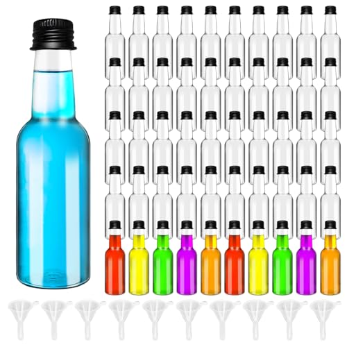 50 Pack 2 oz Mini Liquor Bottles with Black Cap,Airtight Plastic Spirit Bottle with 10 Funnels,Plastic Alcohol Shot Bottles for Weddings,Party Supplies