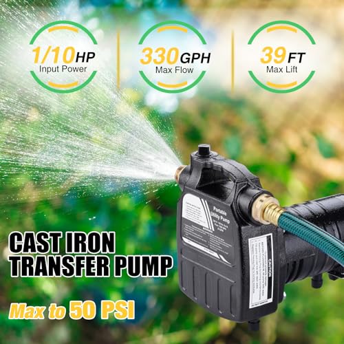 Image of TRUPOW 1 /2HP 1450GPH 115-Volt Cast Iron Portable Electric Power Utility Transfer Water Pump with Carbon Brush, Filter, Brass Connectors, for Garden, Rain Barrel, Pool, Pond, Hot Tub, Aquarium Draining