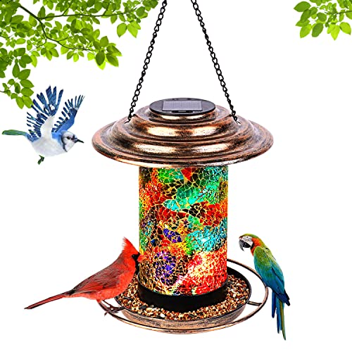 Bird Feeders for Outdoors Hanging, Wild Bird Feeder for Cardinals Solar Garden Lantern Light Birdfeeder Waterproof Unique Retro Mosaic Copper Outside Bird Feeder with S Hook