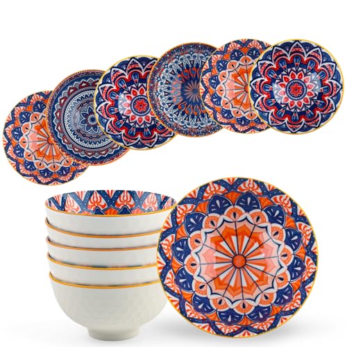 Ceramic Serving Bowls - Ceramic Rice Bowls 10 oz,Bohemian Style Pottery Bowls Set of 6,Kitchen Tableware Small Bowls for Rice, Dipping,Soup, Dessert, Snack,Fruits,Dishwasher & Microwave Safe