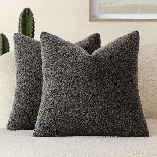 Image of Foindtower Pack of 2, Curly Faux Fur Decorative Throw Pillow Covers Soft Neutral Plush Cushion Case with Zipper Cozy Pillowcase for Home Living Room Couch Bed Sofa 16 x 16 Inch,Dark Gray