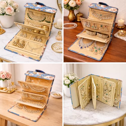 Image of Trendifly Foldable Multipocket Jewellery Organizer Suitcase for Women Embroidery Design Travelling Jewelry Sutcase Bag 5 Transparent Pockets Earrings Necklace Bangles Rings Girls (Flower Blue)
