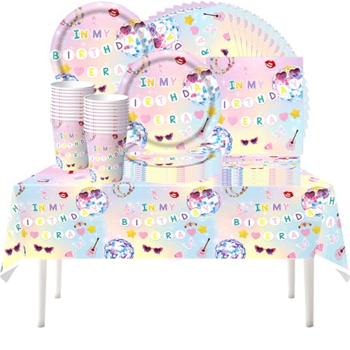 61 piezas Juego de vajilla para fiestas con temática disco, fiestas de cumpleaños infantiles, incluye vasos, platos, servilletas, manteles, para 20 personas