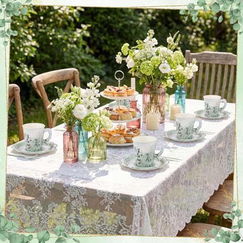 NatNarr 24 Sets Eucalyptus Leaf Tea Party Cups, 7 OZ Disposable Paper Tea Cups with Handle and Plates Teacups and Saucer Sets for Bridal Baby Shower Wedding Birthday Spring Party — view 5