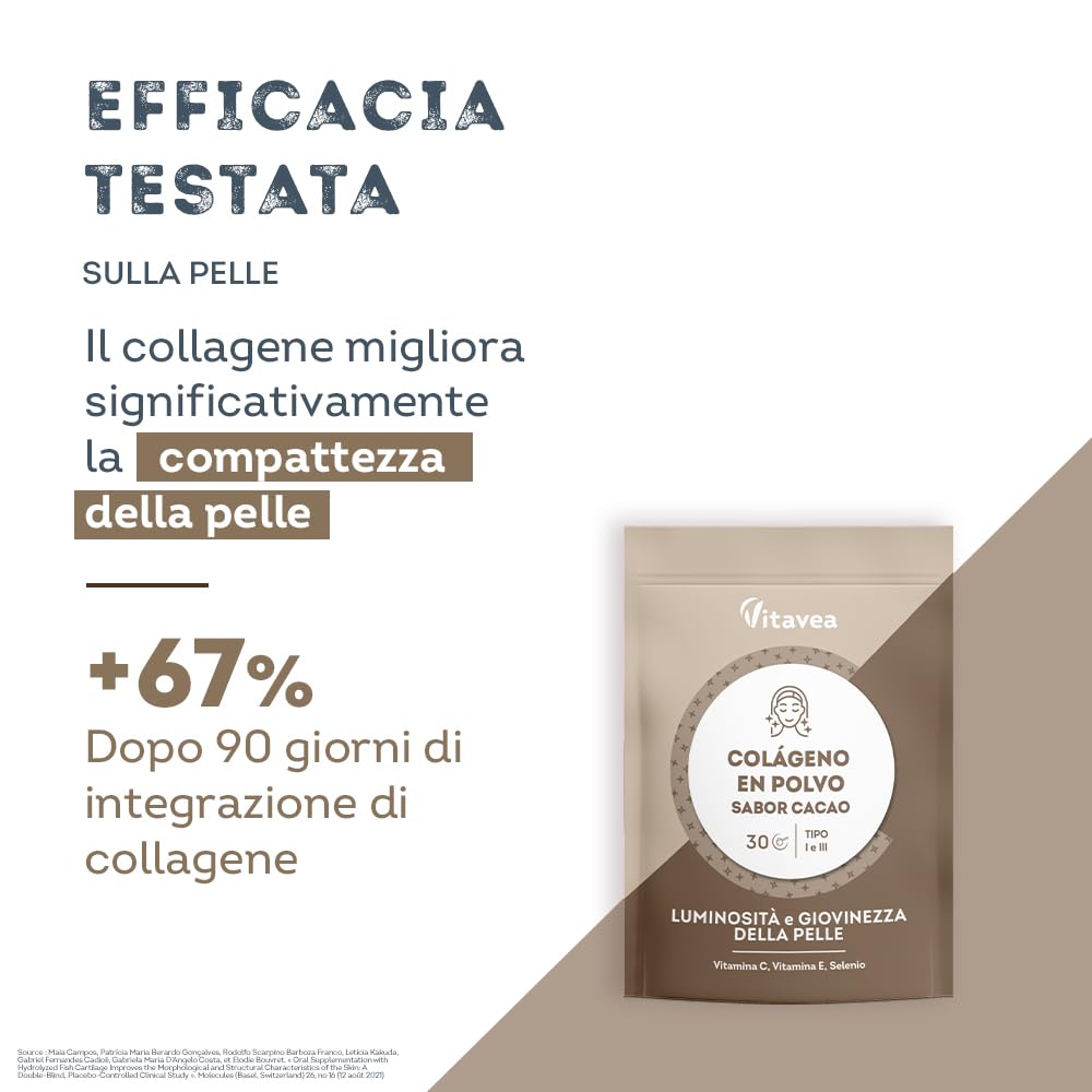 Vitavea Collagene Cacao Doypack - 2500 mg di Collagene Marino Idrolizzato Tipo 1 e 3 - Con Vitamina C, E, Selenio - Azione Antirughe - Pelle Luminosa - Gusto Cacao -150 g