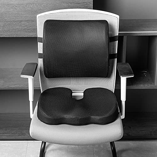 Image of Amazon Basics Comfortable Seat Cushion & Lumbar Support for Office Chairs, Memory Foam with Cooling Gel, Non-Slip, Black
