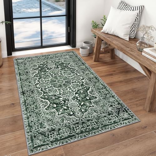 KUTA 3x5 Vintage Area Rug, Floral Kitchen Rugs Dark Green Washable Non-Slip, Ultra Soft Printed Distressed Medallion Entry Carpet Low-Pile Throw for Bedroom Living Room