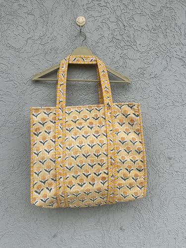 Image of Quilted Cotton Hand printed Reversible Large multicolor cotton Tote Bag,Indian Handmade Block Printed Tote Bag Women Handbag