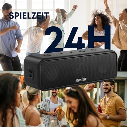 soundcore 3 Bluetooth Lautsprecher, Stereo-Sound, Audiotreiber mit Titan-Membran, PartyCast, BassUp, 24 Stunden Akku, IPX7 Wasserschutz, individueller EQ, für Zuhause, Draußen, Garten (in Schwarz) – Bild 4