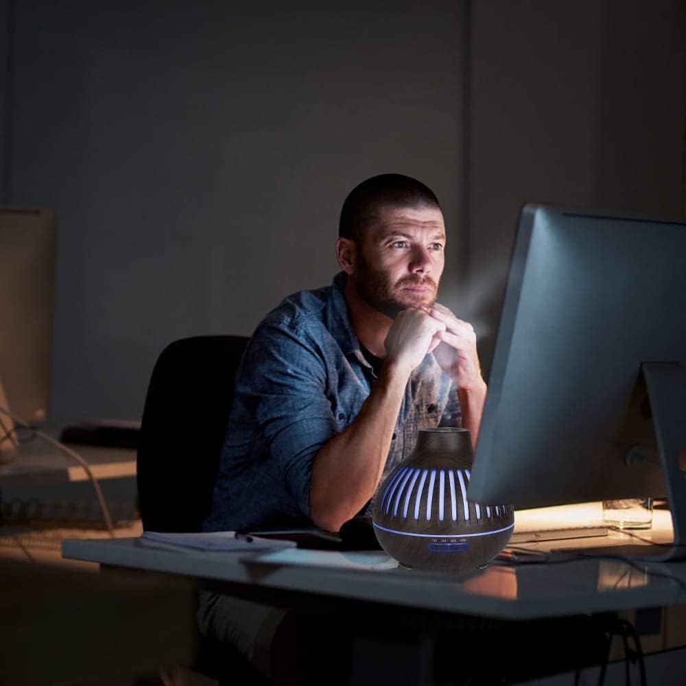 Essential Oil Diffuser, Aromatherapy Diffuser 500ml with Remote Control, 4 Timer & Auto-Off Safety Switch, 7 Color LED Lights Mode, 10 Hours Quiet Humidifier for Bedroom, Office & Home (G.Dark Brown)