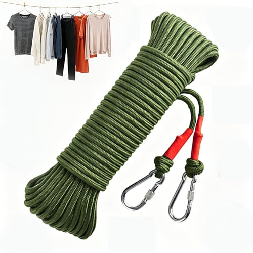 Image of 10M Clothesline with Pulley, Heavy Duty Steel Core Cloth Drying Rope, Rust Proof Thick Nylon Rope with Carabiner Hooks for Home Balcony Camping Outdoor Use