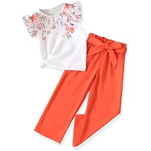 Toddler Kid Girl Clothes Casual Ruffle Sleeve Floral Printed Top Solid Pants with Belt 3PC Outfit Set