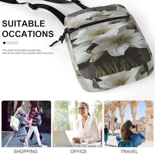Small Satchel,White Lily Bouquet Print Small Shoulder Bag,small Messenger Satchel Bags,mini Bag with Adjustable Strap4