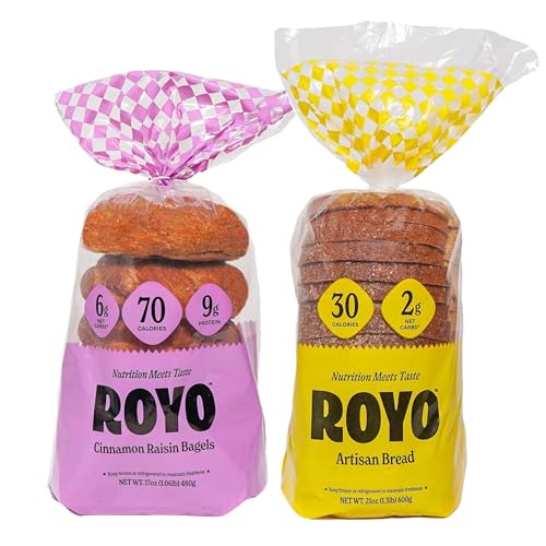 ROYO BREAD CO. 2-Pack Low Carb Artisan Bread and Bagels, 30-80 Calories (Cinnamon Raisin Bagel & Artisan Bread)