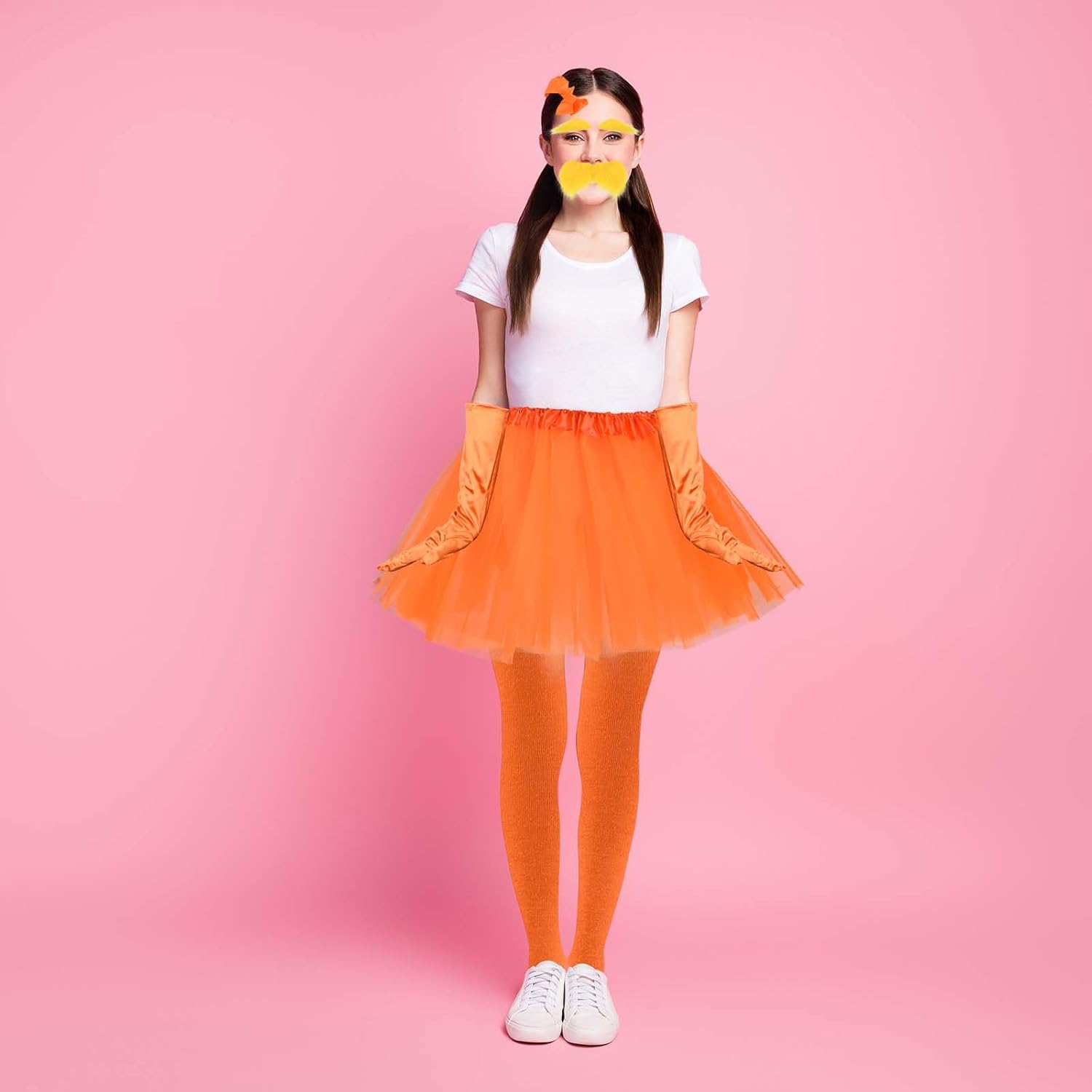 Orange Tutu Skirt Hairpin and Yellow Self Adhesive Mustache Eyebrows Set for Halloween Party Dress Up Supplies - Image 8