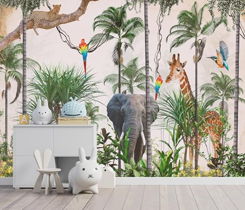 YQWDMX - 3D Safari Wallpaper Tropical Jungle and Animals Plant Wallpaper Mural for Bedroom Kids Room (Not Peel and Stick)