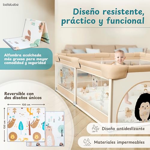 Miniatura 4 de Bellebebe - Parque Infantil Bebe - 120x180cm - Corralito Bebe Con Alfombra Acolchada Plegable 50 Bolas Canasta De Juego Libro Bebe Sensorial De Tela Y 6 Agarraderas - Diseño Animales Del Bosque
