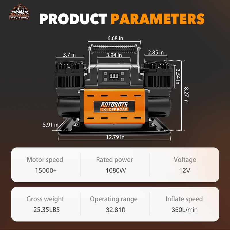Compresor de Ruedas Portátil Bicilíndrico 12V 350L/min 150PSI con Pantalla LCD Inteligente Auto Stop, Accesorios y Bolsa Reforzada