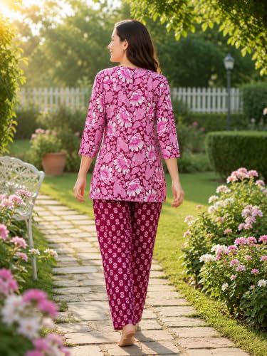 Image of Women's Cotton Night Suit Set, Printed Top and Pyjama, Casual Loungewear Sleepwear for Womens Girls