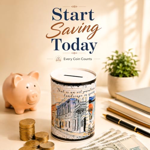 Image of MARKET 99 White Round Money Bank | Glossy Tin Coin Bank with Vintage Theme Print | Decorative Piggy Bank for Kids & Adults | Cute Metal Savings Box for Home, Office Desk, Tabletop & Birthday Gift