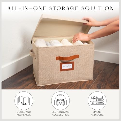 3 Pack Large Fabric Storage Box with Lid - Decorative Bin with Lid, Label Holder, Faux Handles - Large Decorative Storage Boxes with Lids for Organizing Clothes, Blankets - Oatmeal - Image 5